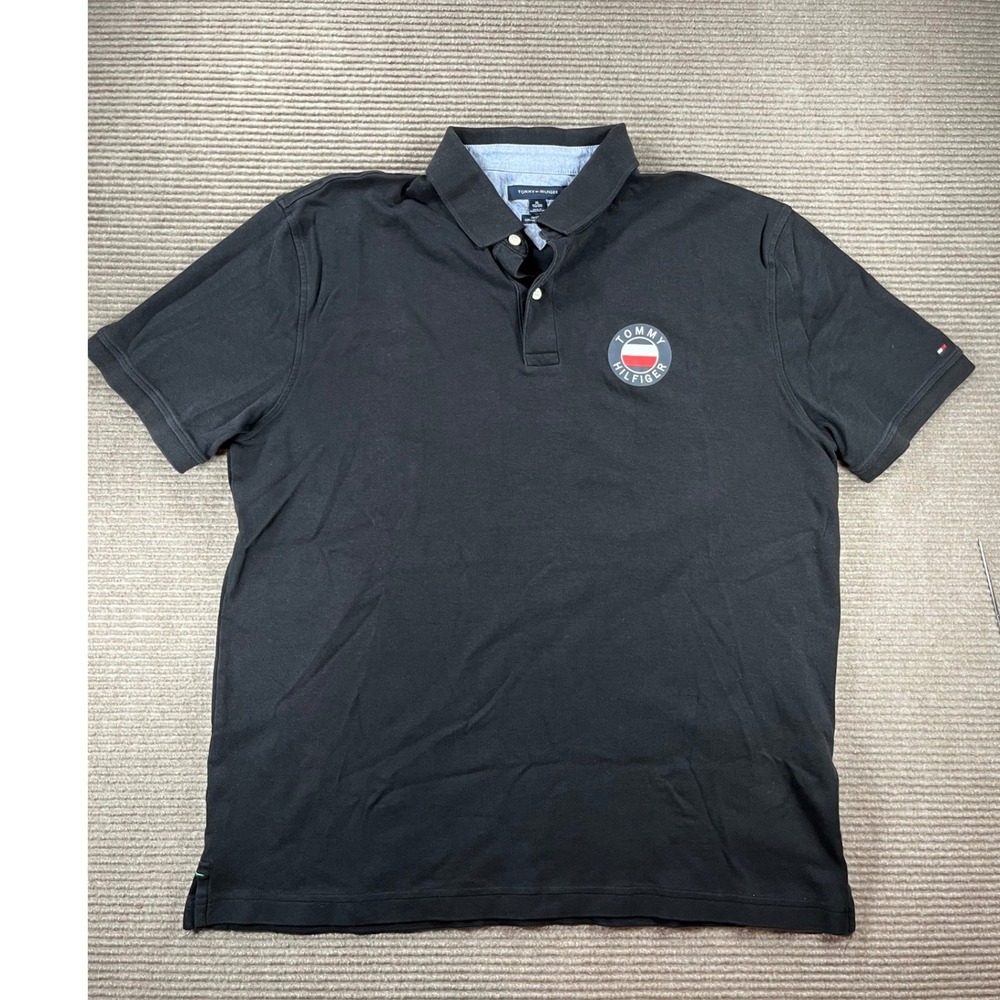 Tommy Hilfiger Mens Custom Fit Black Short Sleeve Logo Polo Shirt XL Cotton